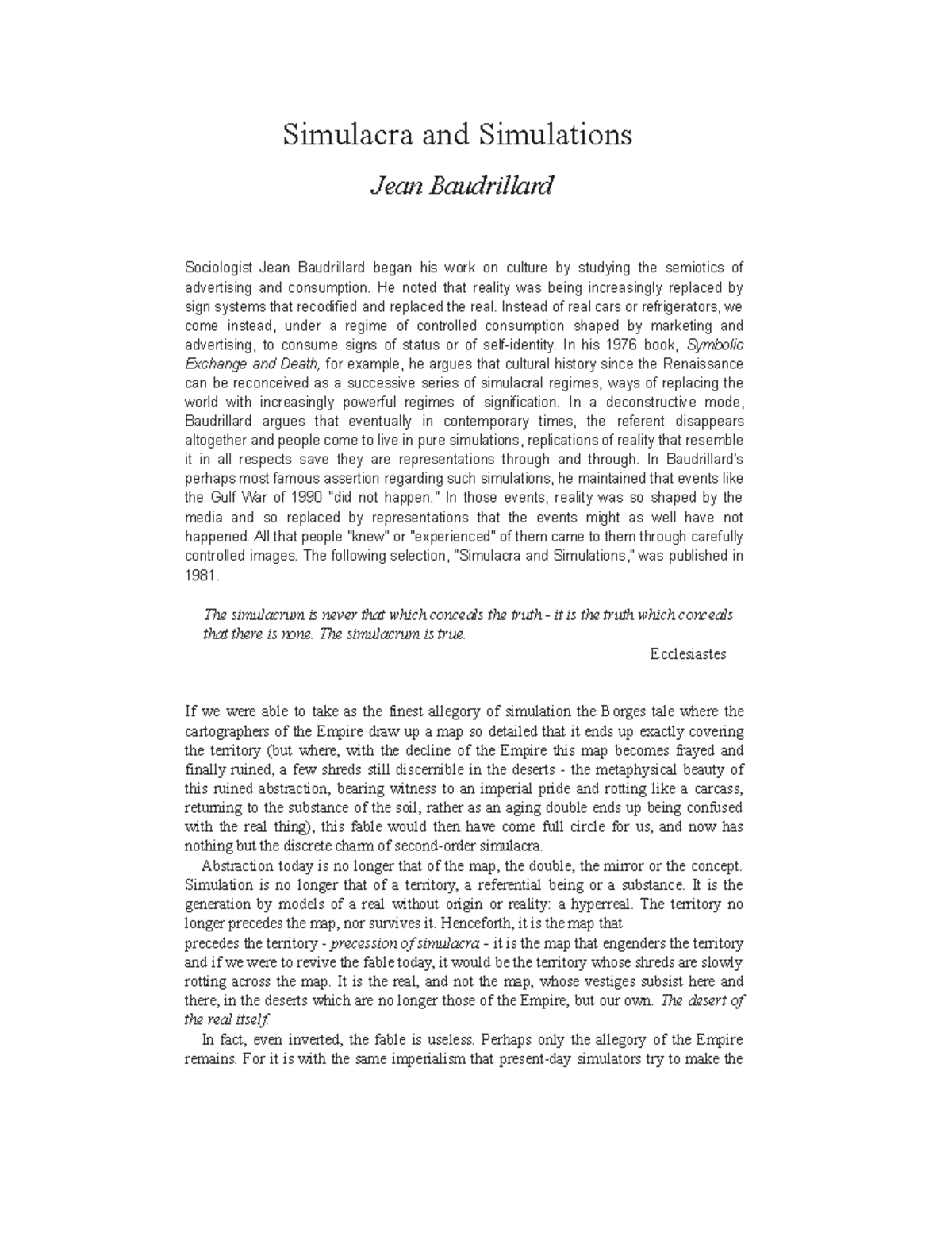 Baudrillard-Simulacra Simulation - Simulacra and Simulations Jean ...