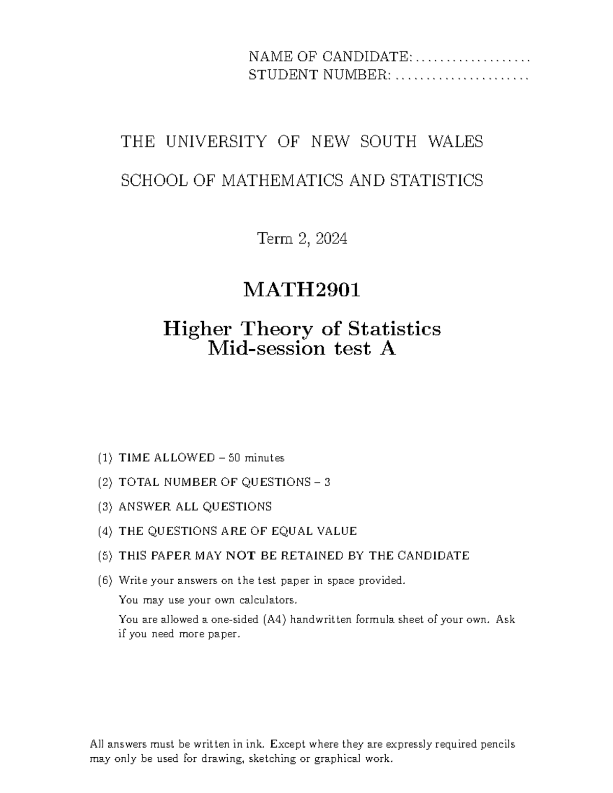 MATH2901 Term 2, 2024 Midterm Test A - Higher Theory of Statistics ...