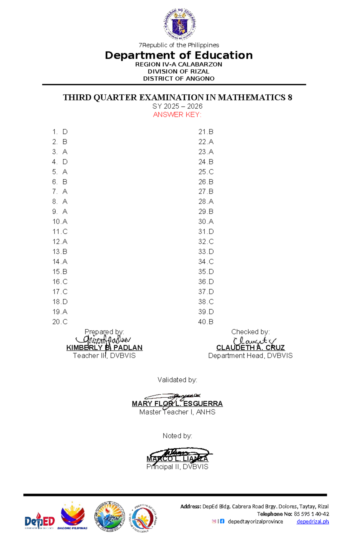 Math 8 4th Monthly Exam Answer Key for SY 2025-2026 - Studocu