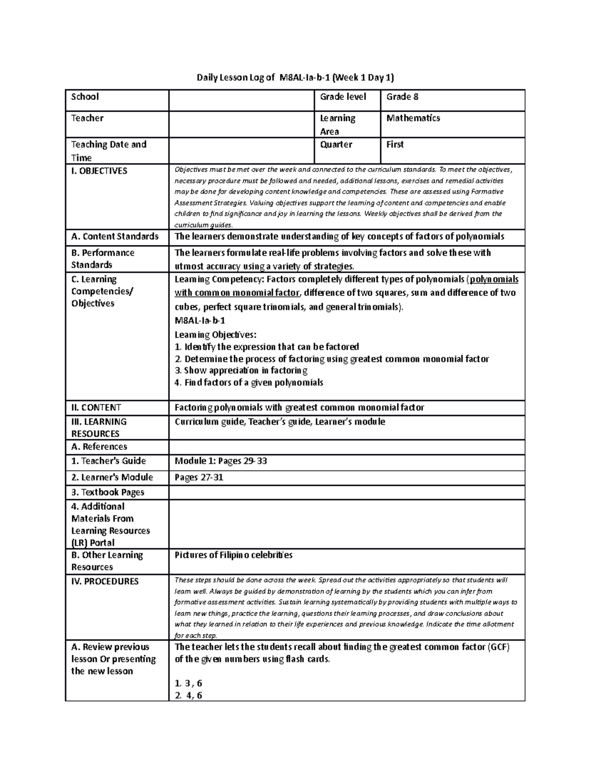 Grade 8 Math Lesson Plan: Factoring Polynomials (M8AL-Ia-b-1) - Studocu