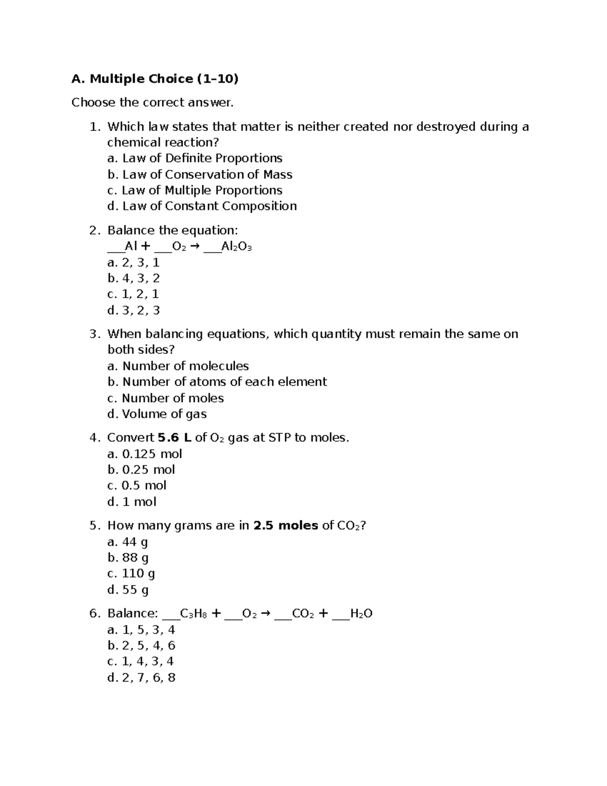 CHEM 101: Multiple Choice & Stoichiometry Review Guide - Studocu