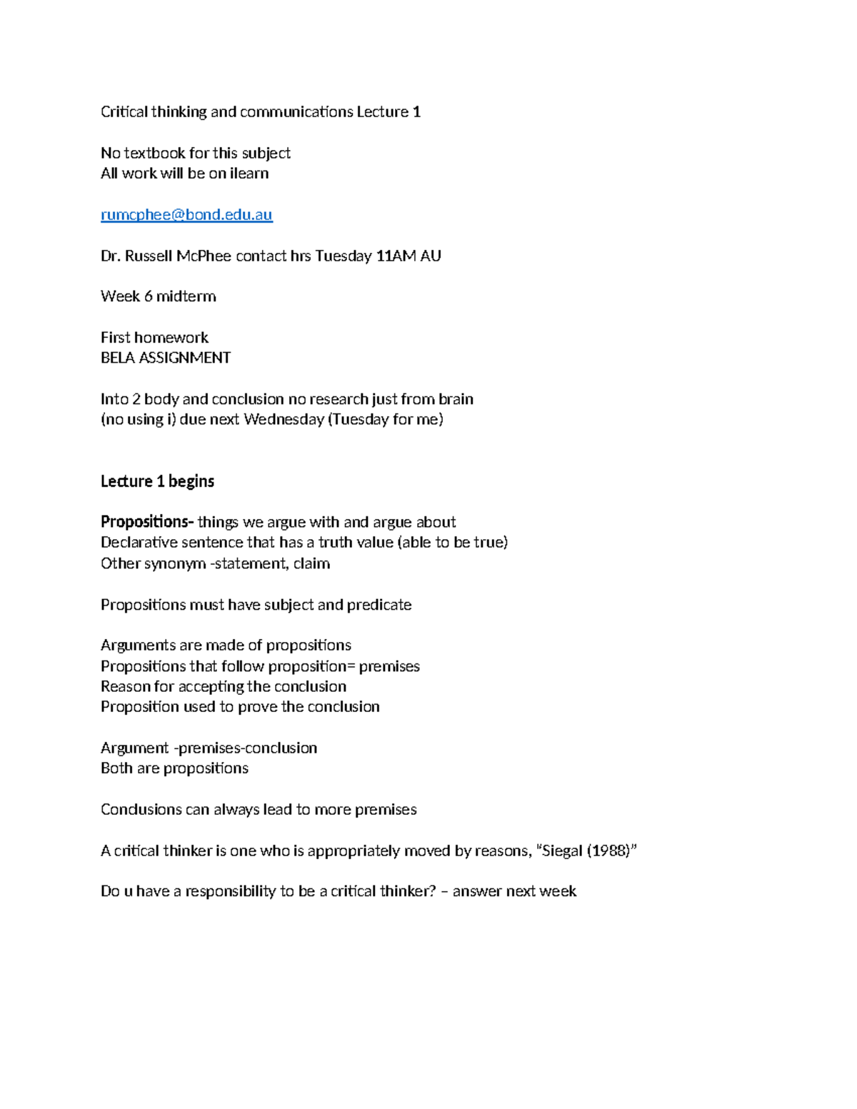 Critical Thinking and Communications Lecture 1 Notes - Week 6 Midterm ...