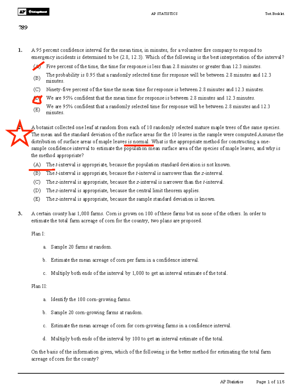 AP STATISTICS Test Booklet 789: Confidence Intervals and Hypothesis ...