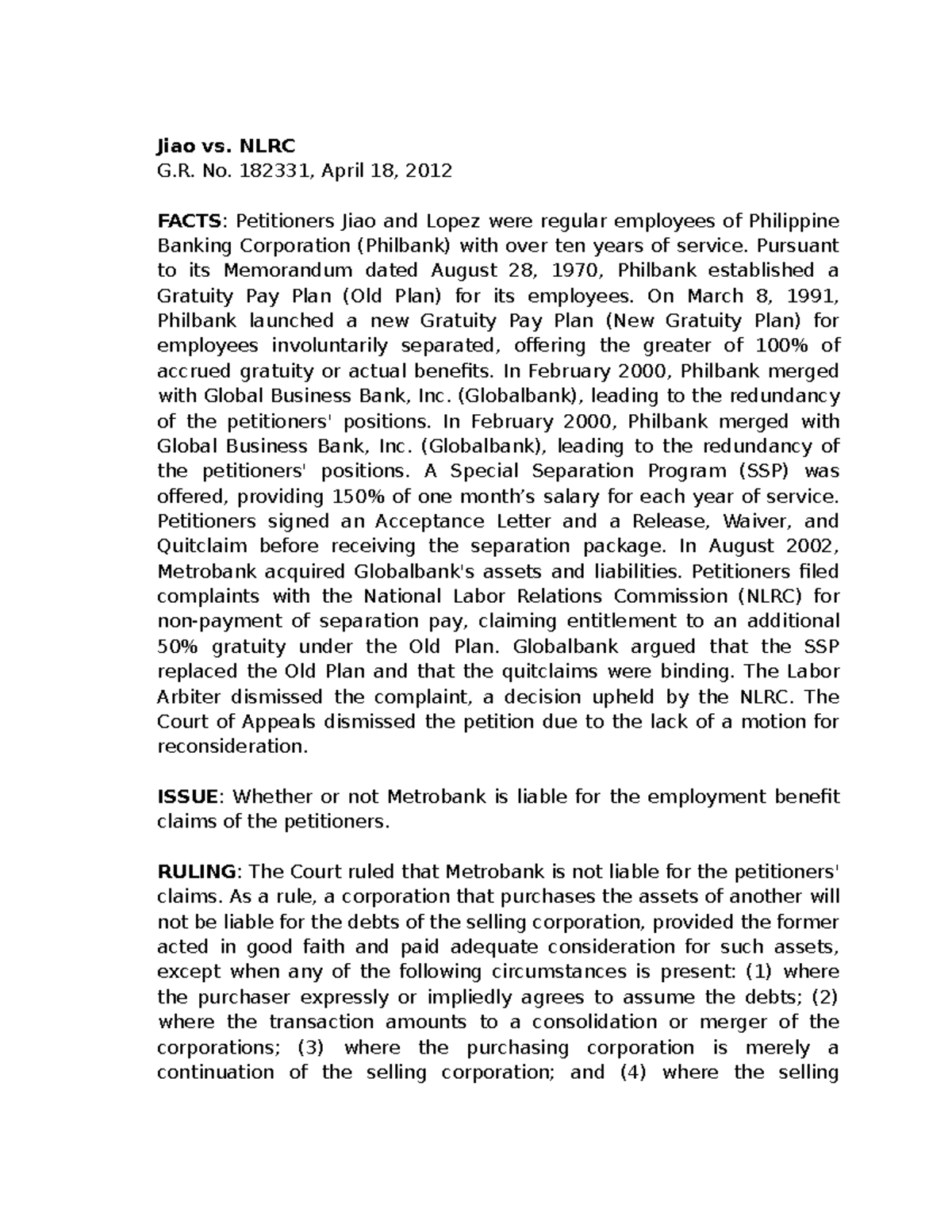 Corpo Digests: Key Legal Cases and Rulings (G.R. Nos. 182331, 123552 ...