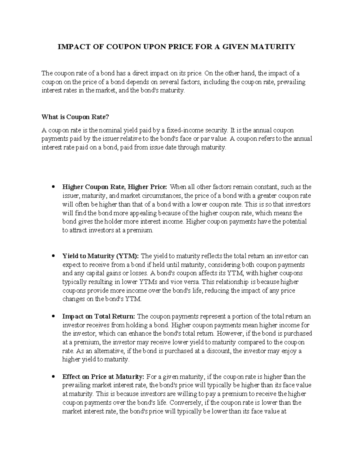 Impact OF Coupon UPON Price FOR A Given Maturity - IMPACT OF COUPON ...