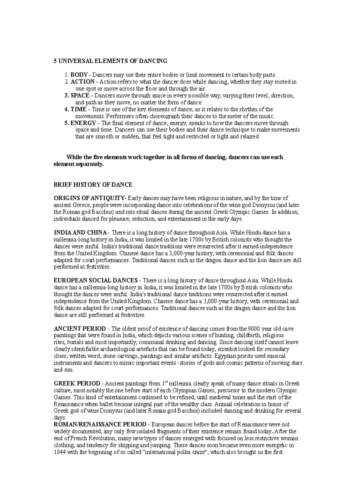 History of Dance: Key Elements and Timeline Overview - Studocu