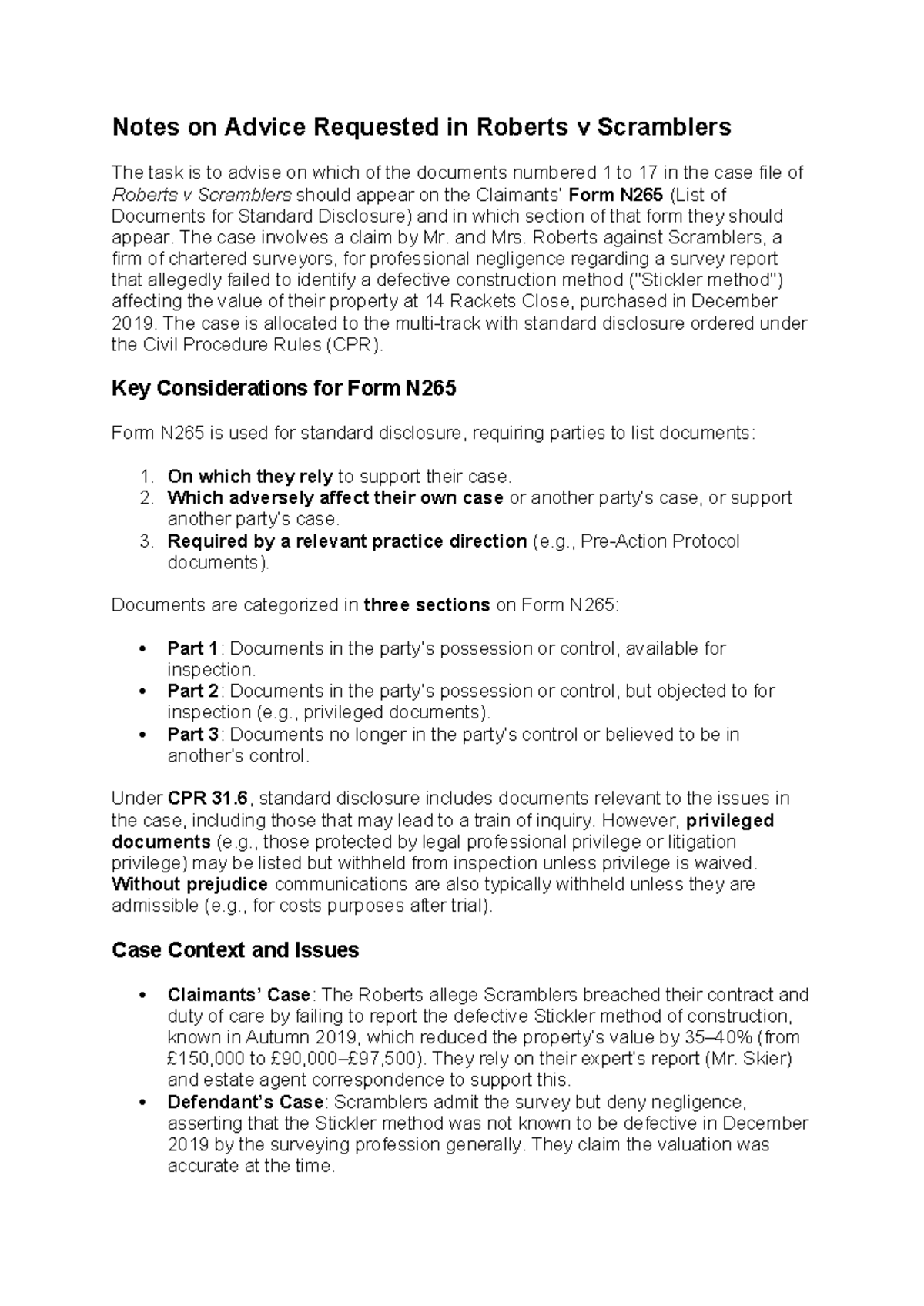 Advice on Document Inclusion for N265 in Roberts v Scramblers Case ...
