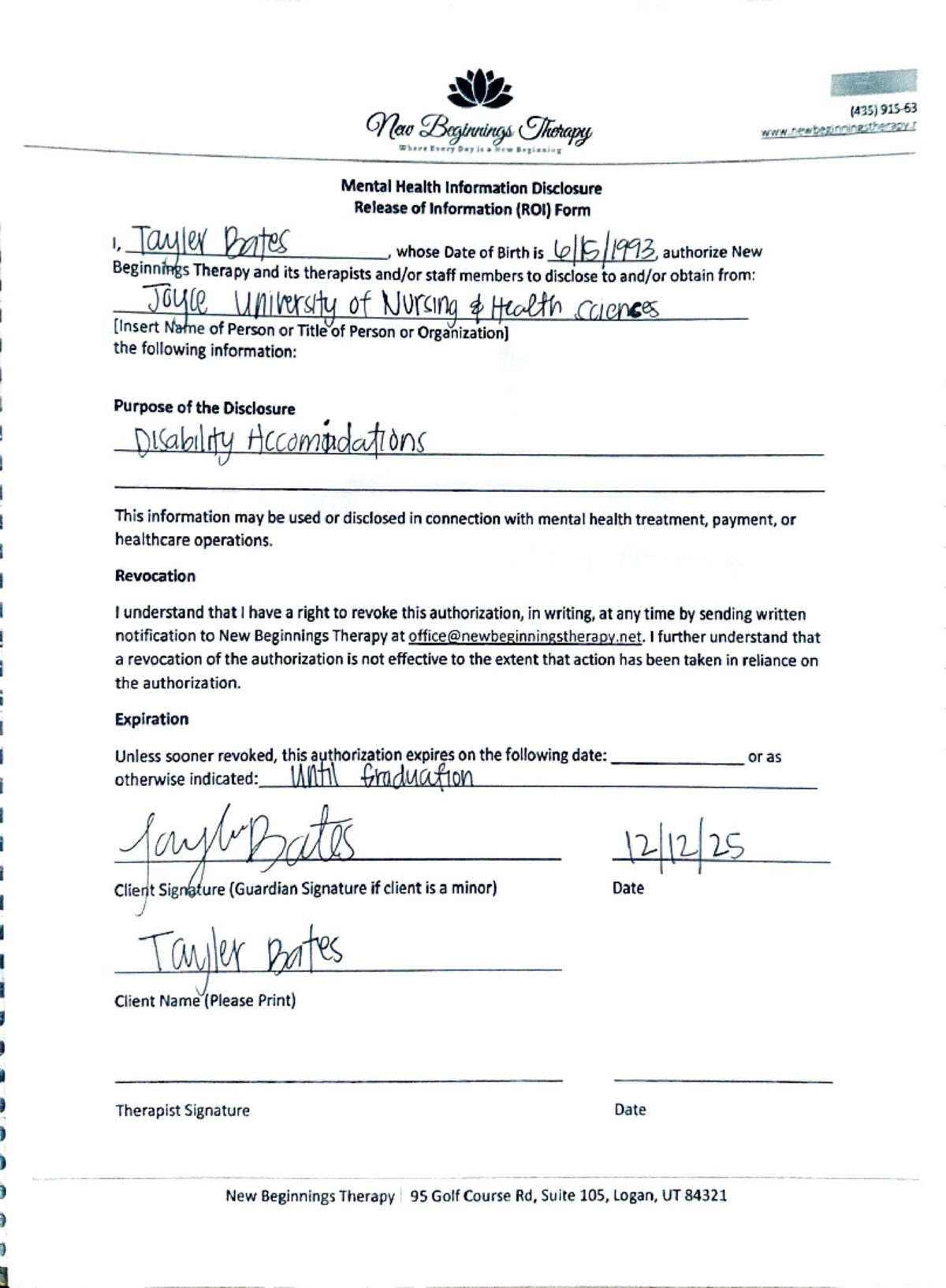 (435) Mental Health Info Disclosure Release Form - New Beginnings - Studocu