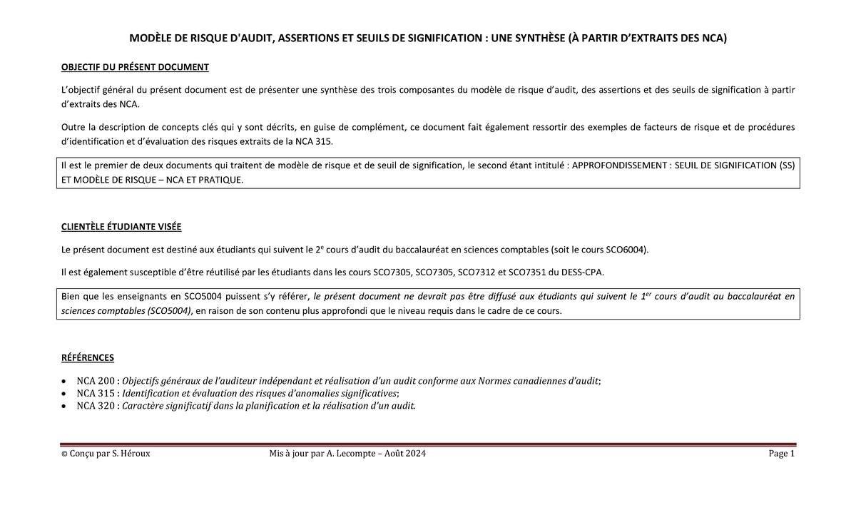 Modèle de risque daudit assertions et ssign Extraits des NCA - OBJECTIF ...