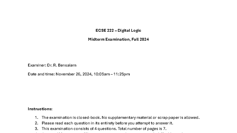 ECSE 222 F24 Digital Logic Midterm Exam Solutions - Document Preview
