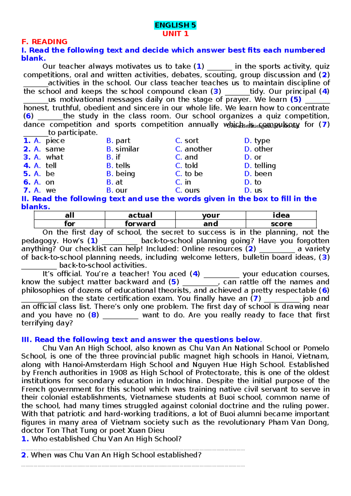 ENGLISH 5 UNIT 1 F. READING COMPREHENSION EXERCISES - Studocu