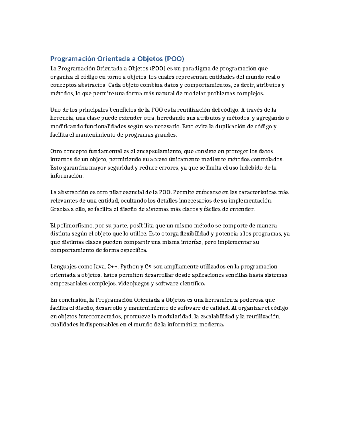Programación Orientada a Objetos (POO): Fundamentos y Beneficios - Studocu