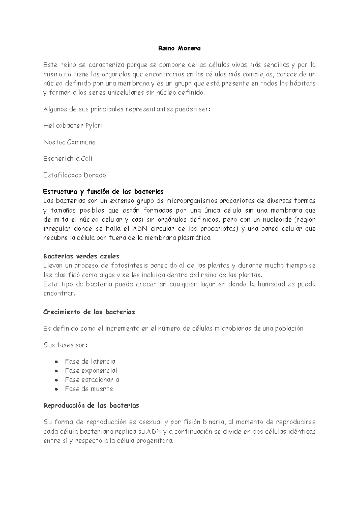 Reino Monera: Estructura, Función y Crecimiento de Bacterias - Studocu