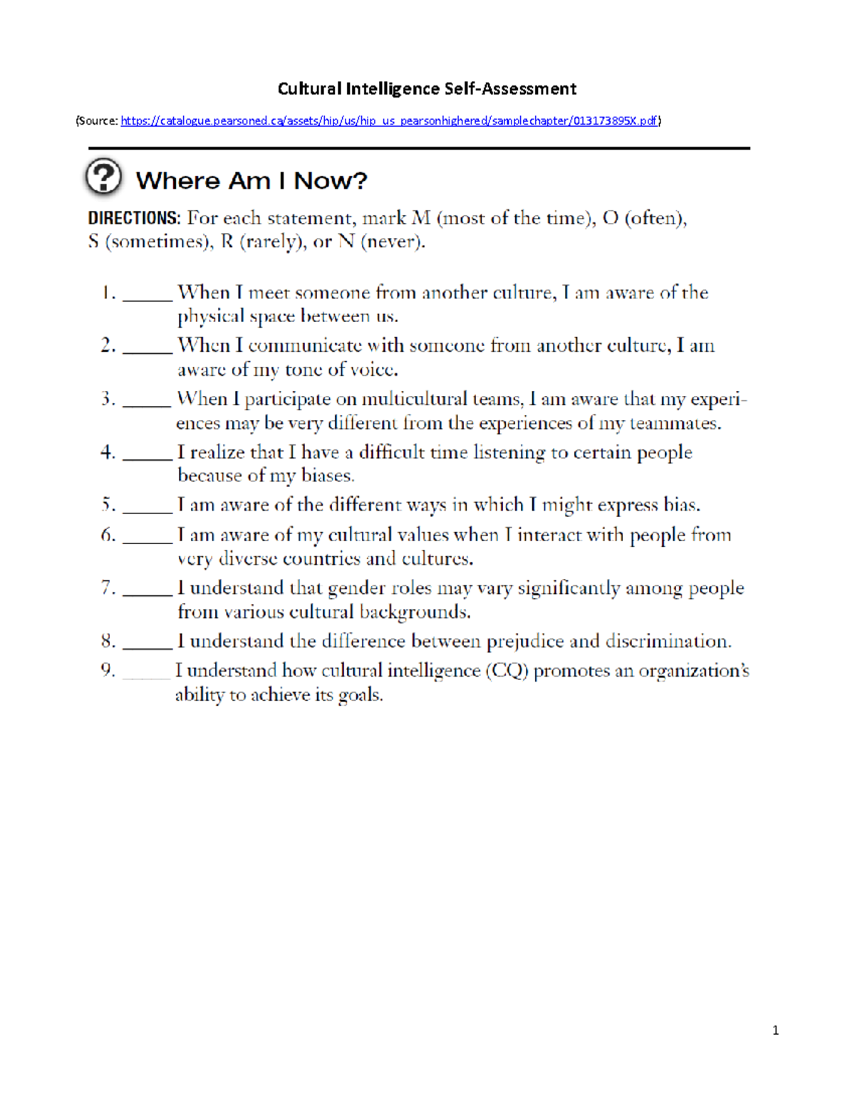 Cultural Intelligence Self Assessment - Cultural Intelligence (Source: ? Where Am I Now ...