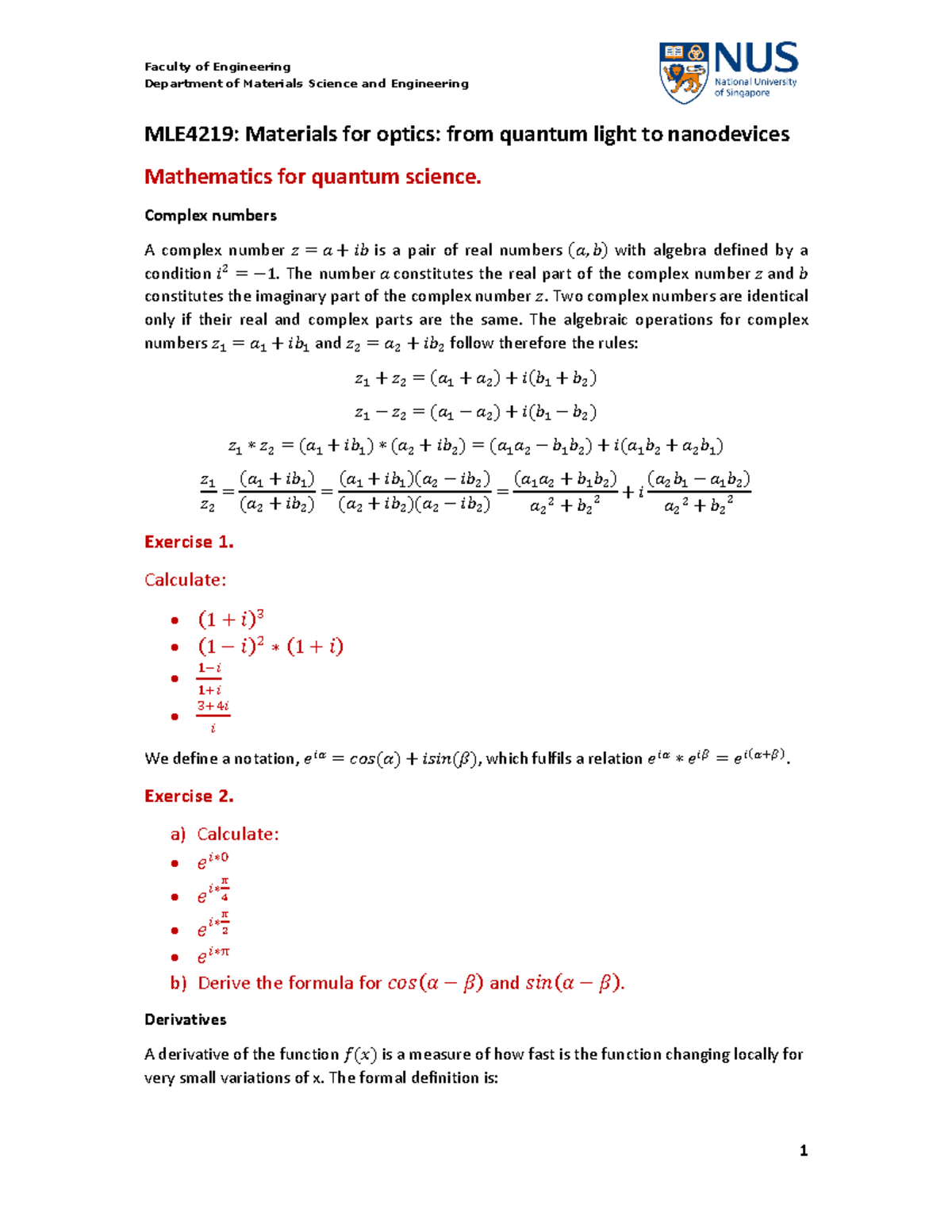 Math excercises - Materials for Optics: From Quantum Light to ...