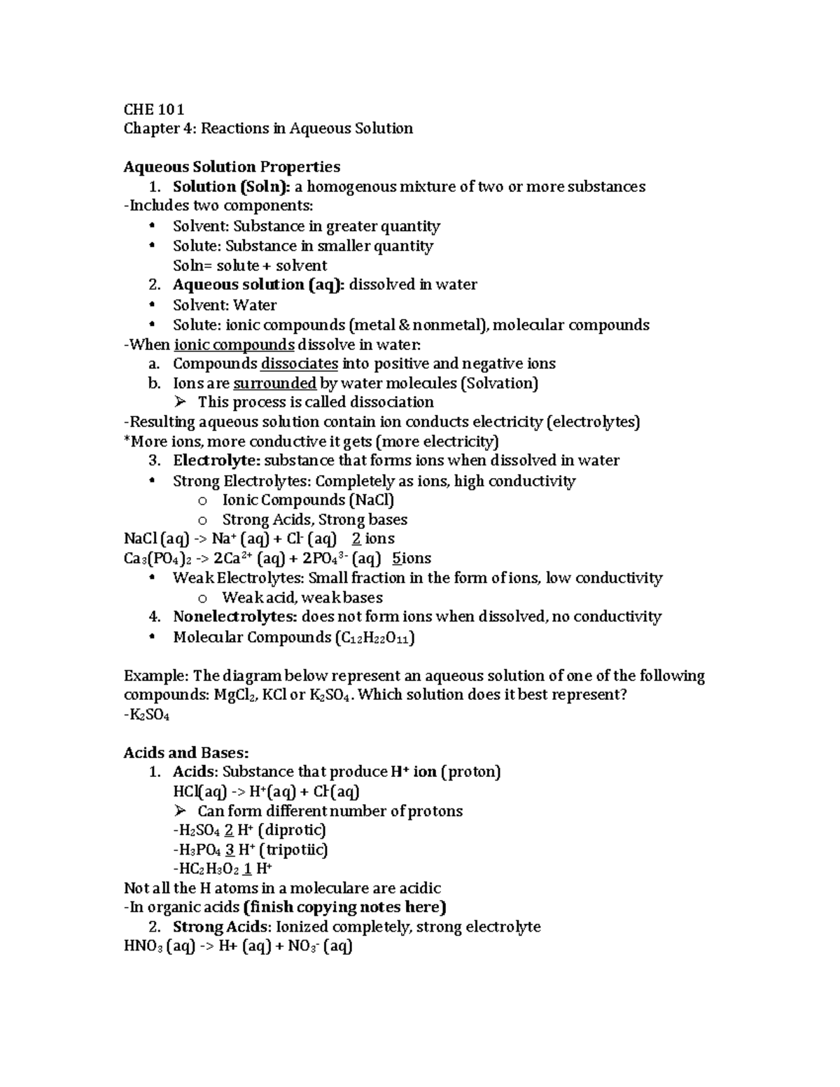 CHE 101 Exam 2 Study Guide - Summary of Aqueous Reactions - Studocu