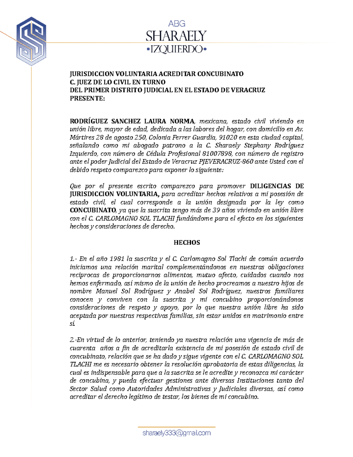 Diligencias de Jurisdicción Voluntaria para Acreditar Concubinato - Document Preview