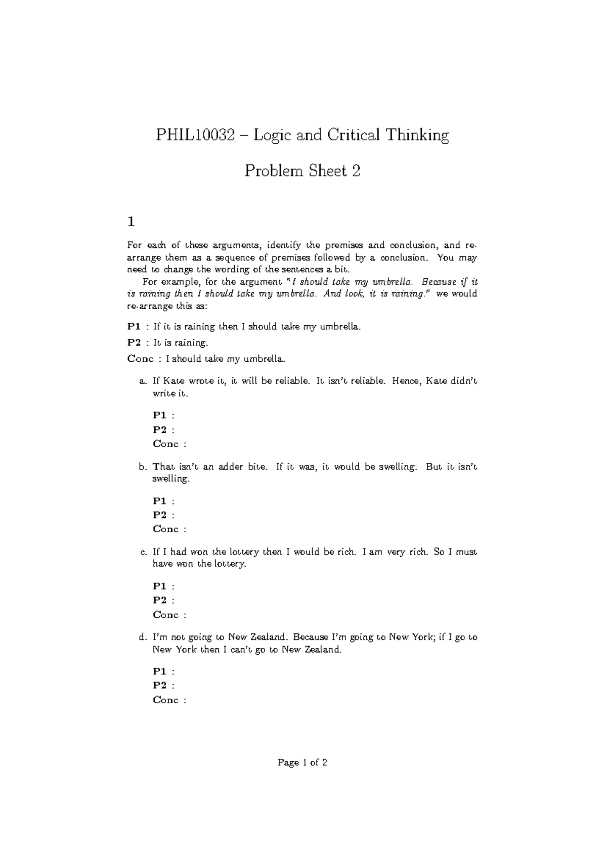 LCT - Problem Sheet 2 - PHIL10032 – Logic and Critical Thinking Problem ...