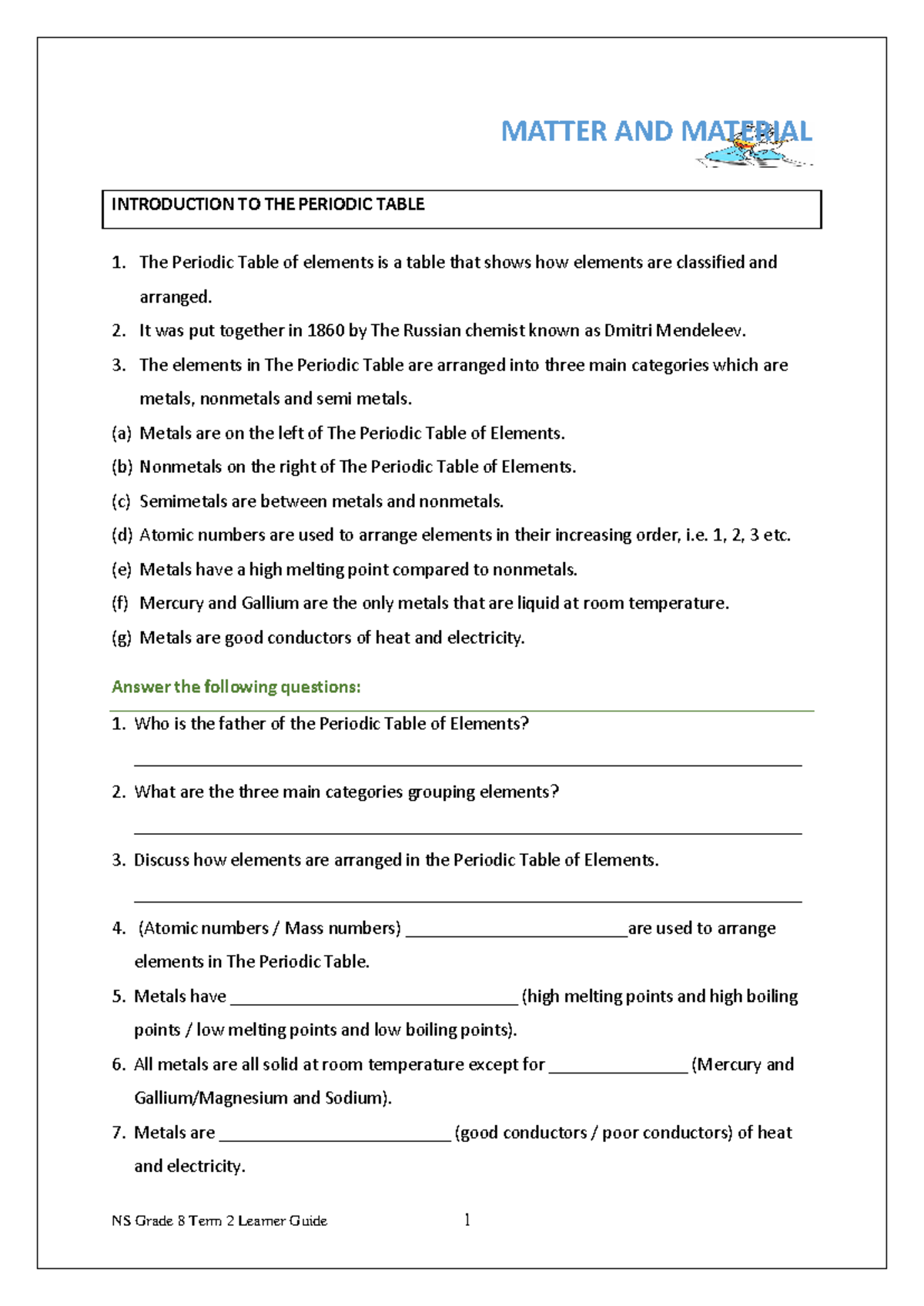 NS Grade 8 Term 2 2022 Learner Guide: Matter & Materials Study Notes ...