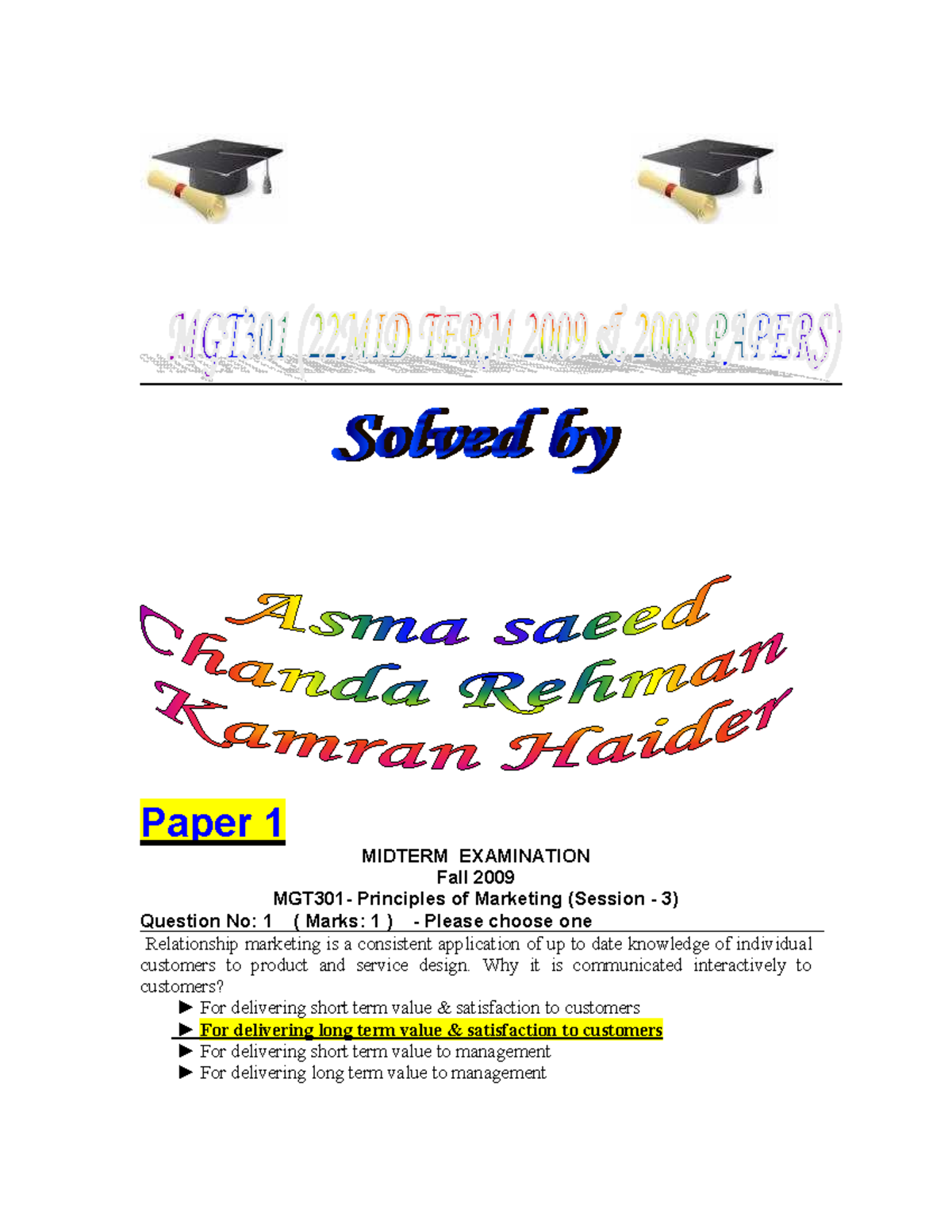 Paper 1 Midterm Examination Fall 2009 MG - Paper 1 MIDTERM EXAMINATION ...