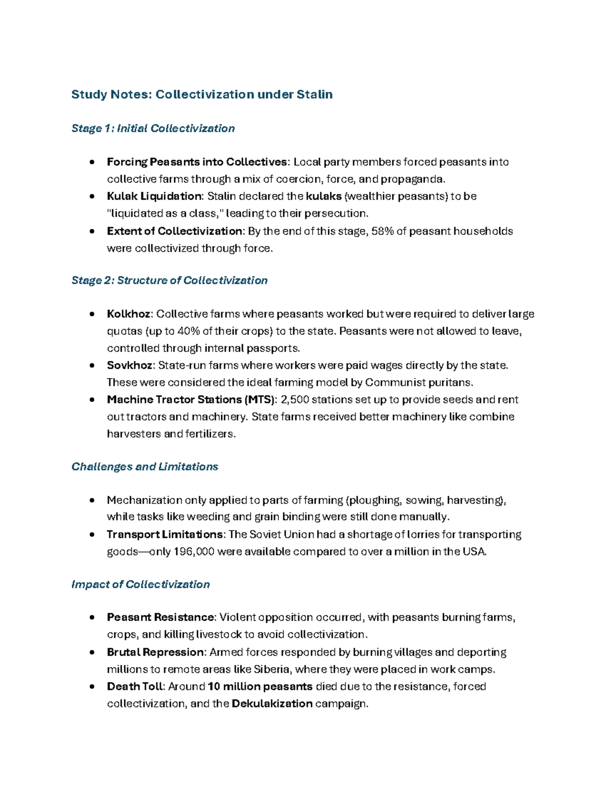 Study Notes: Collectivization and First Five-Year Plan Analysis - Studocu