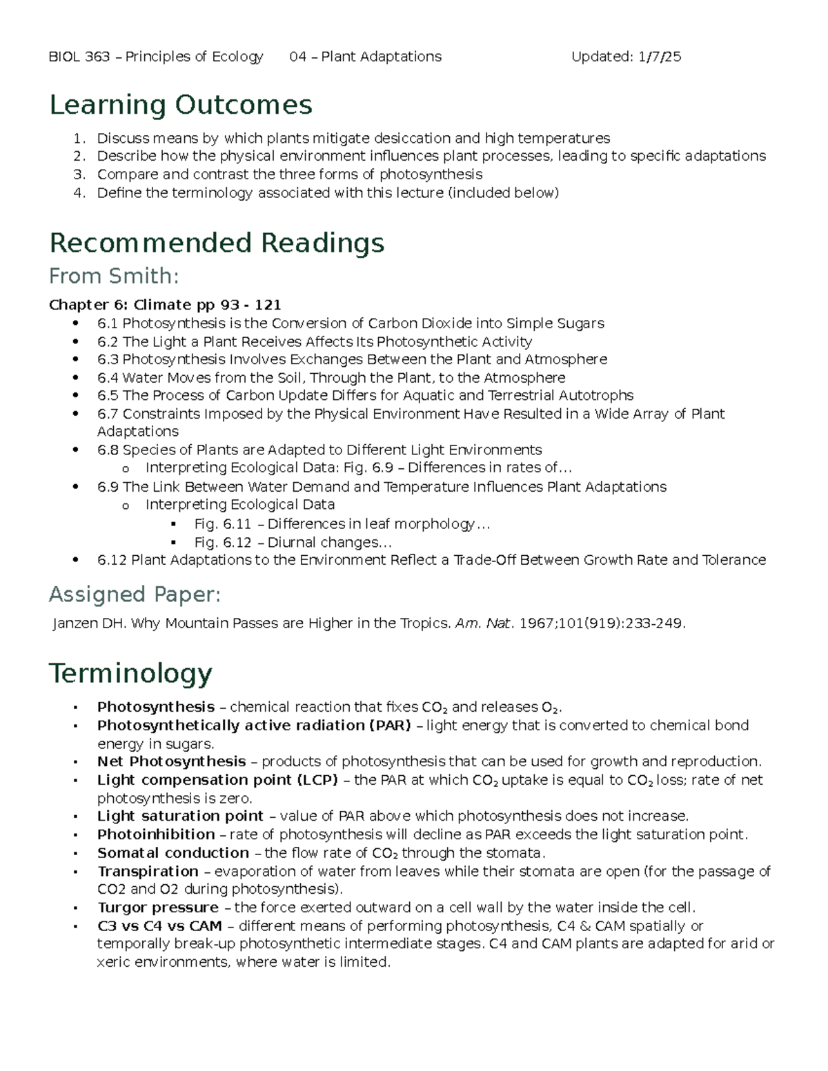BIOL 363 - Principles of Ecology: Photosynthesis & Plant Adaptations ...