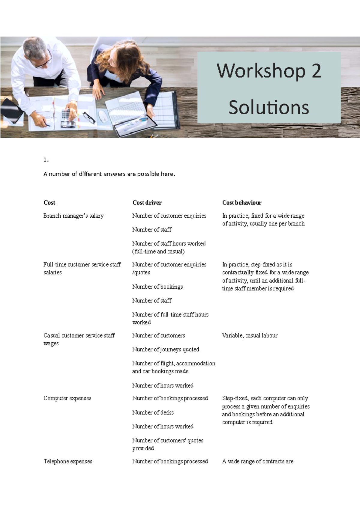 Module 2 Workshop Solutions - 1. A number of different answers are ...