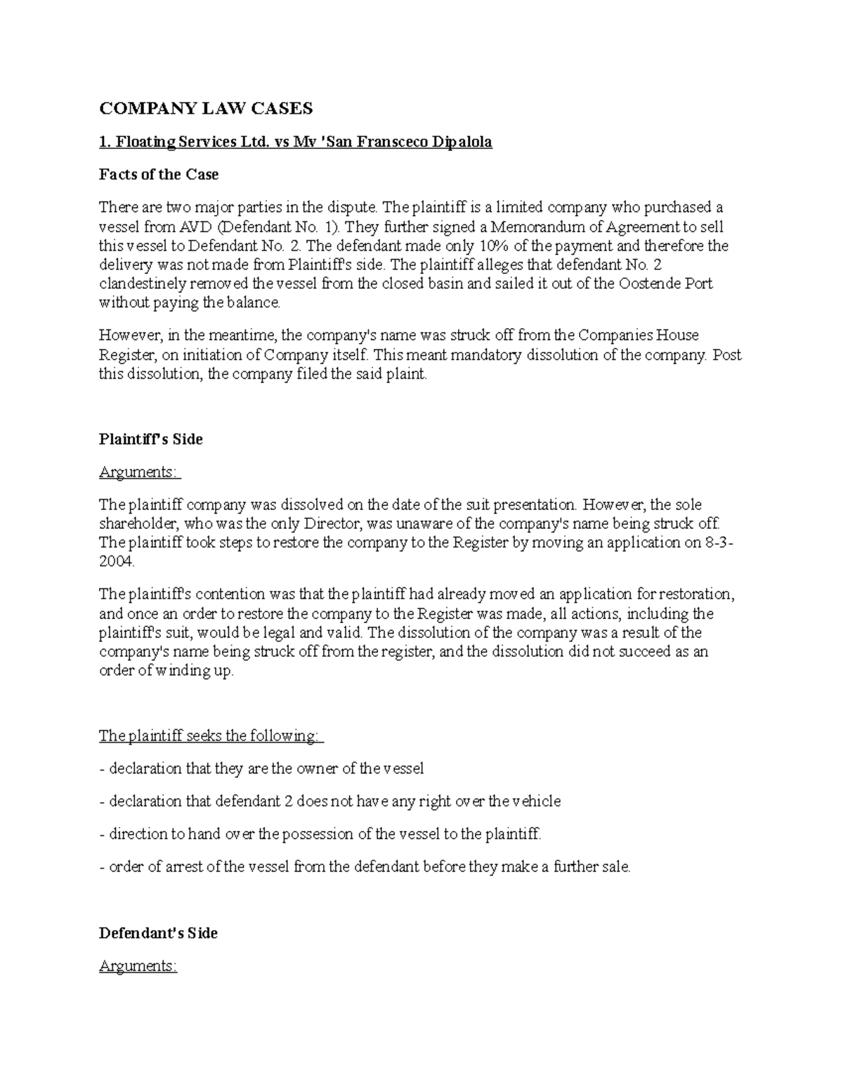 Company Law Case Studies: Key Judgments and Legal Principles - Studocu