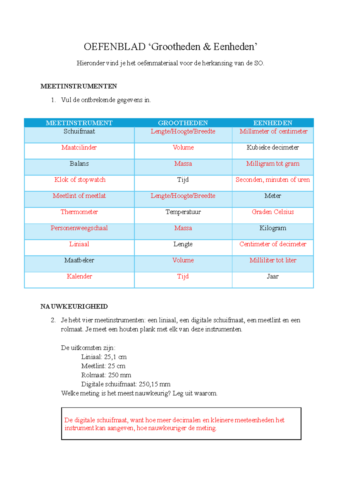 OEFENBLAAD MET TOETS HERKANSING - MEETINSTRUMENTEN - Studeersnel
