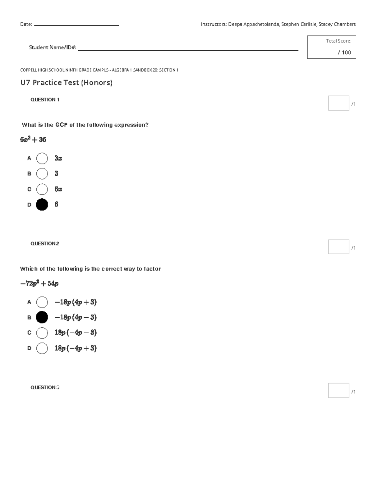 Unit 7 Practice Test (Honors) - Algebra 1 (9th Grade) - Studocu