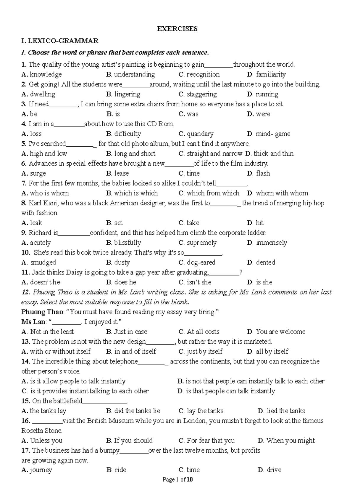Lexico-Grammar Exercises for Course 2022011 - Language Skills Practice ...