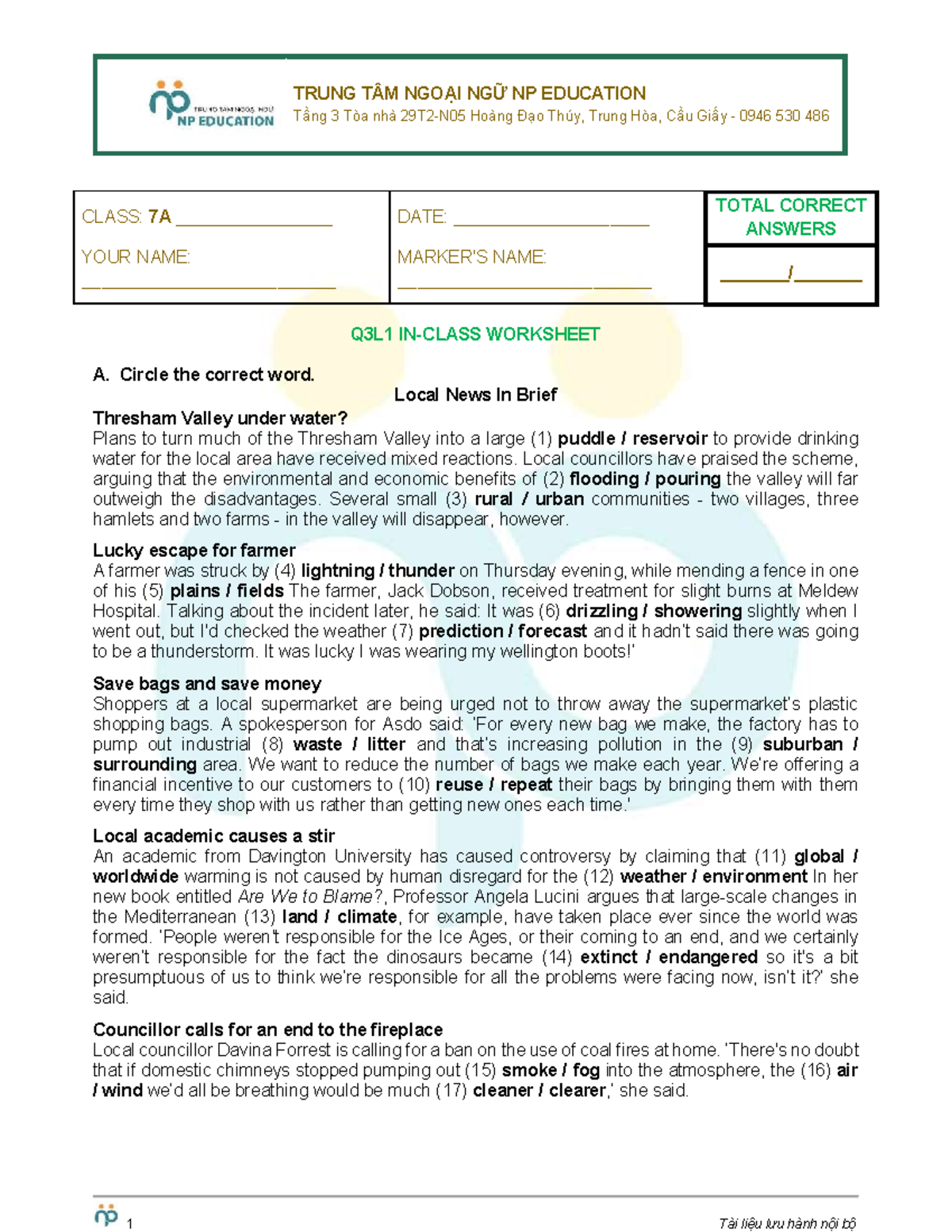 7A Q3L1 In-Class Worksheet: Local News & Environmental Issues - Studocu