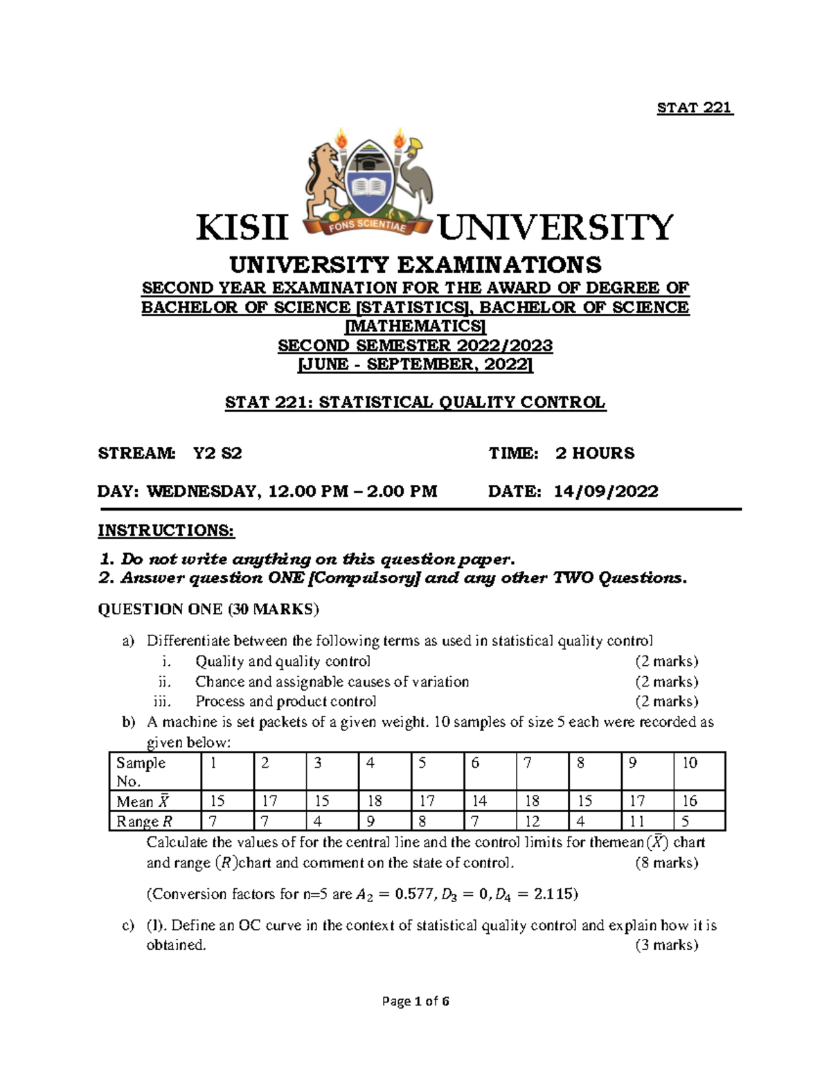 STAT 221: Statistical Quality Control Revision Questions - Studocu
