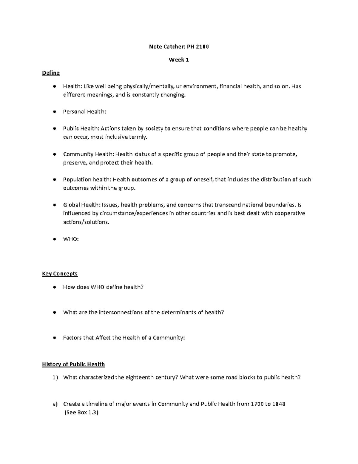PH 2100 Week 1 Notecatcher: Key Concepts in Public Health - Studocu