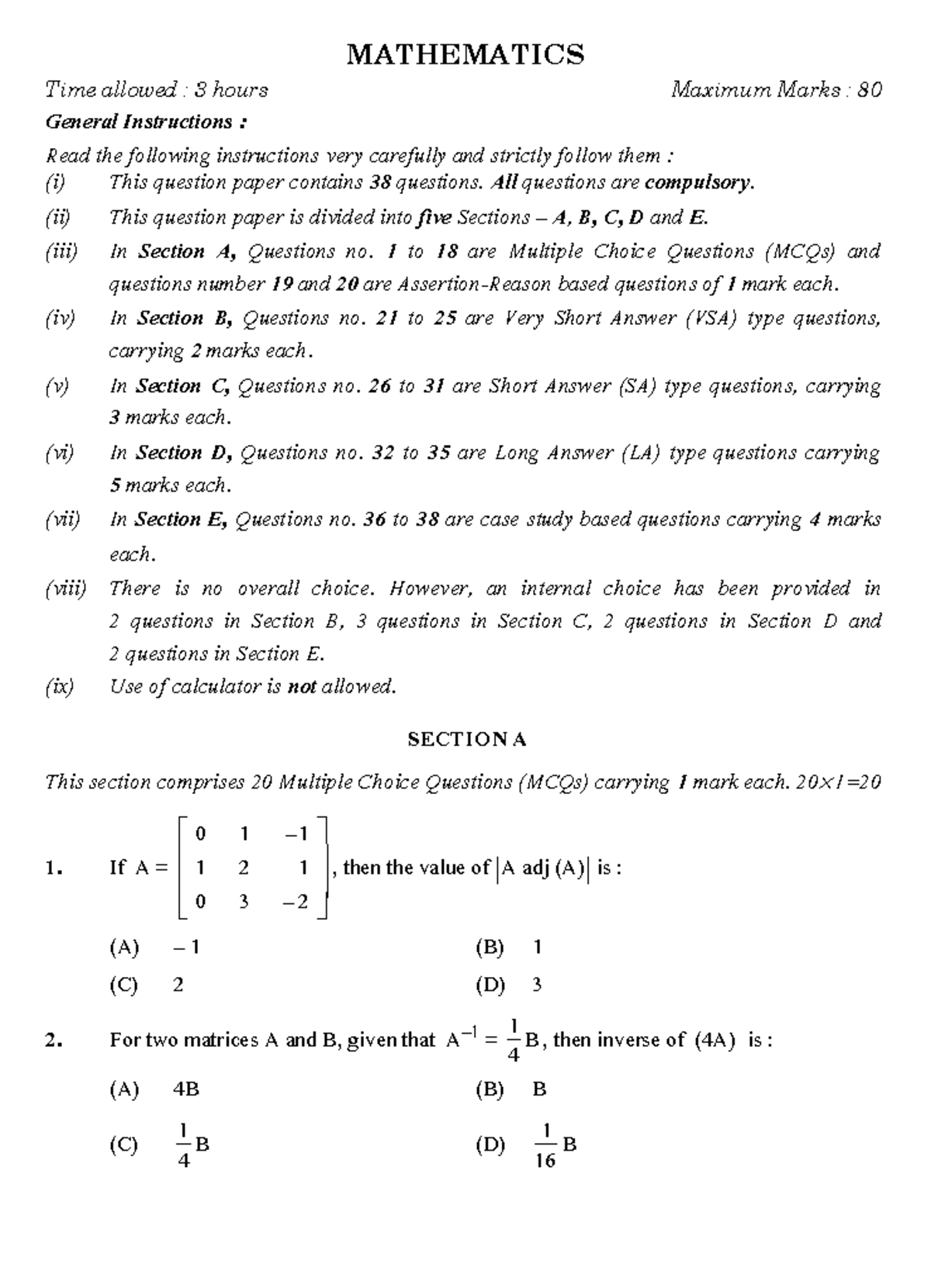 CLASS 12 Mathematics SP-1: Comprehensive Question Paper Instructions ...