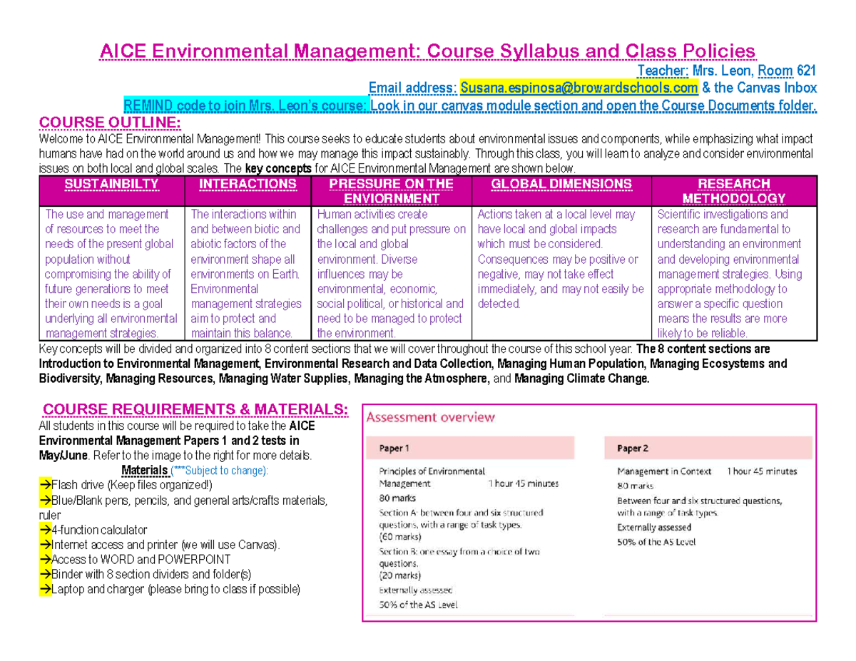 AICE Environmental Management Syllabus & Course Policies Overview - Studocu