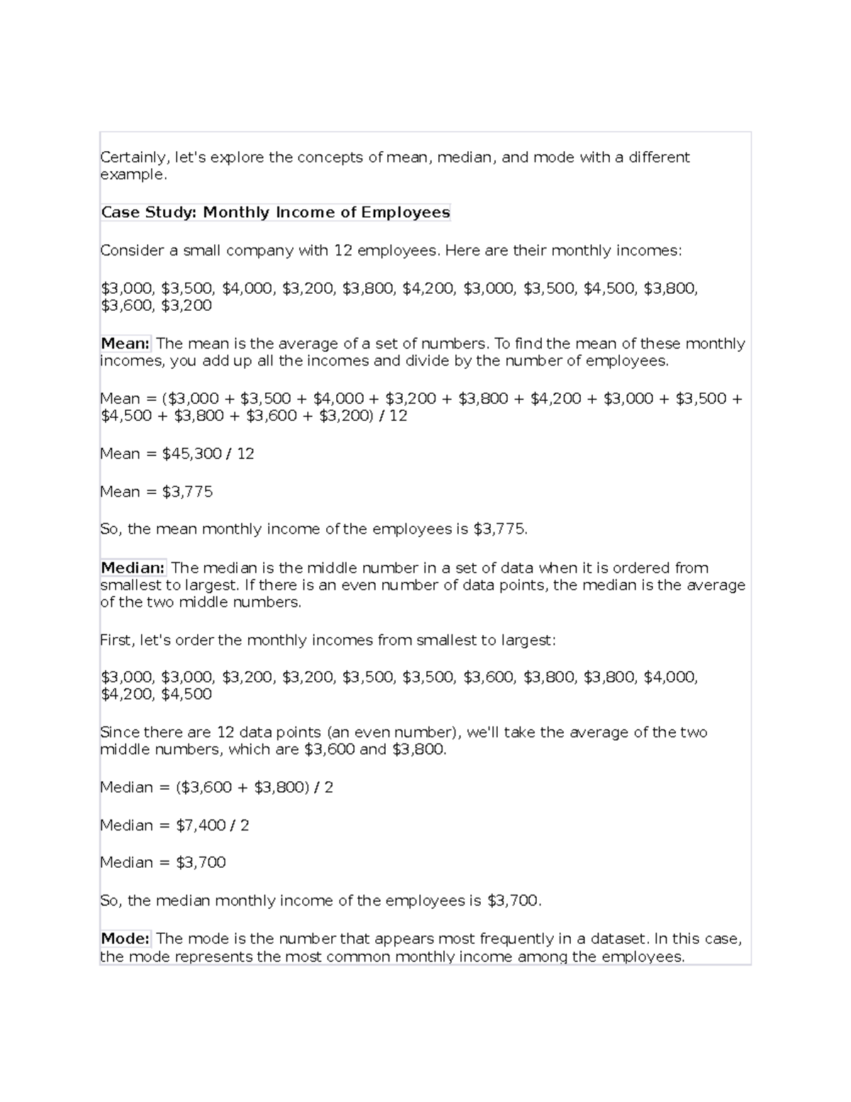 Case Study: Mean, Median, and Mode of Employee Monthly Incomes - Studocu