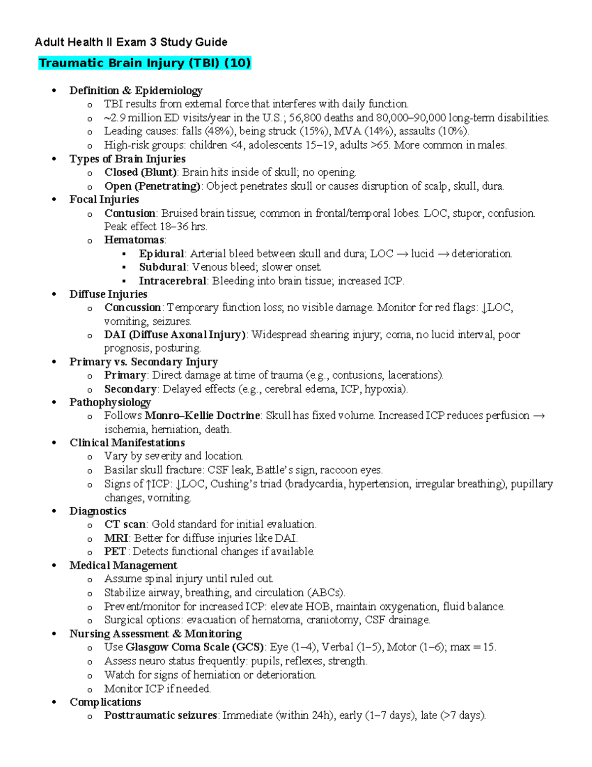 Adult Health II Exam 3 Study Guide - o ~2 million ED visits/year in the ...