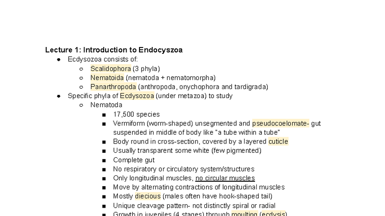 BSC427 Exam 3 Study Guide: Ecdysozoa and Nematoda Overview - Studocu