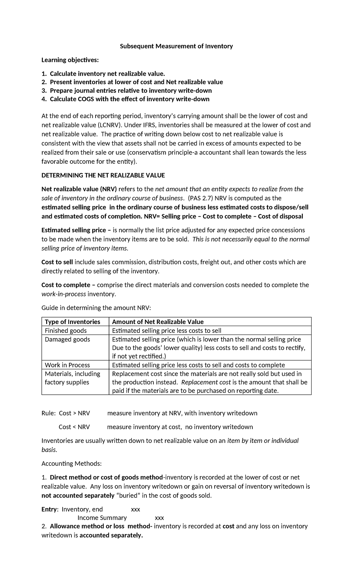 Inventory Measurement and NRV Analysis: Key Accounting Concepts - Studocu
