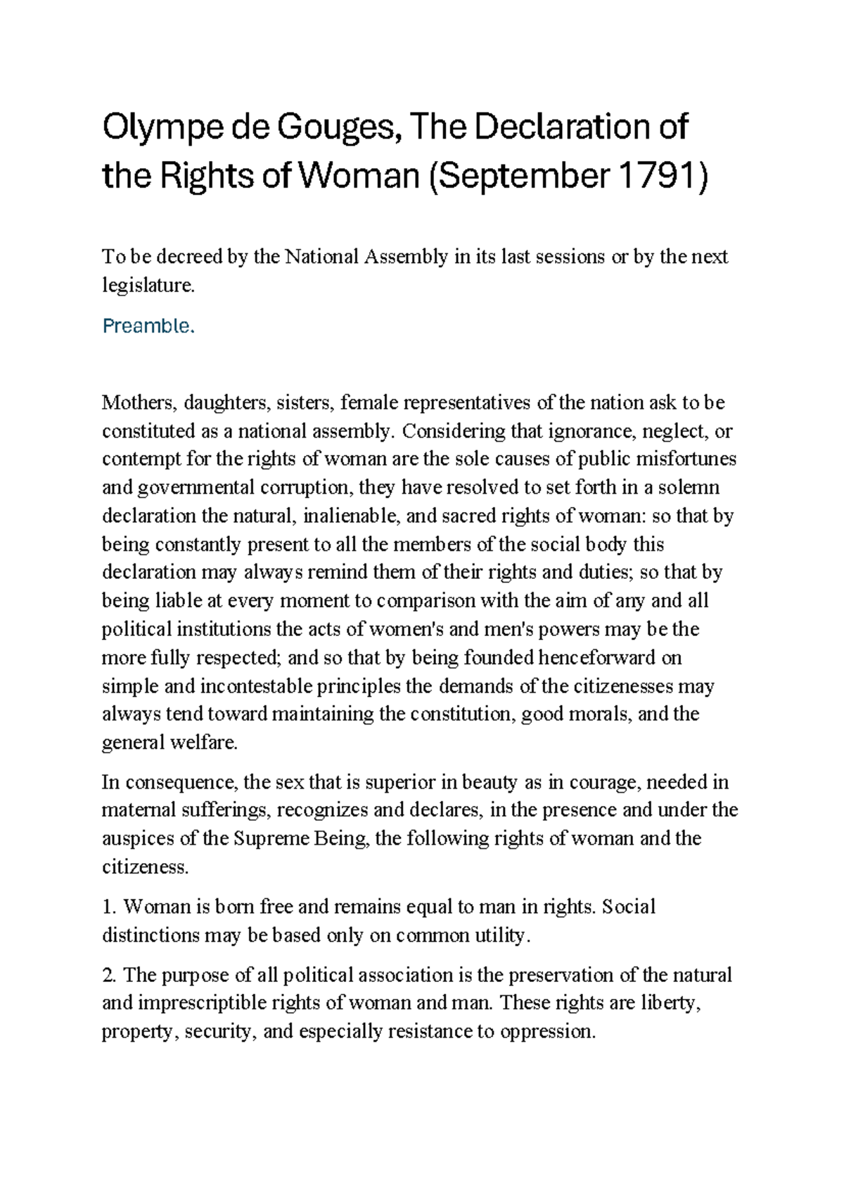 Olympe de Gouges: The Declaration of the Rights of Women (1791) - Studocu