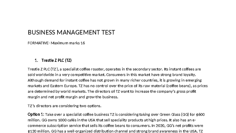 BUSINESS MANAGEMENT TEST: Trestle Z PLC Case Study Analysis - Studocu