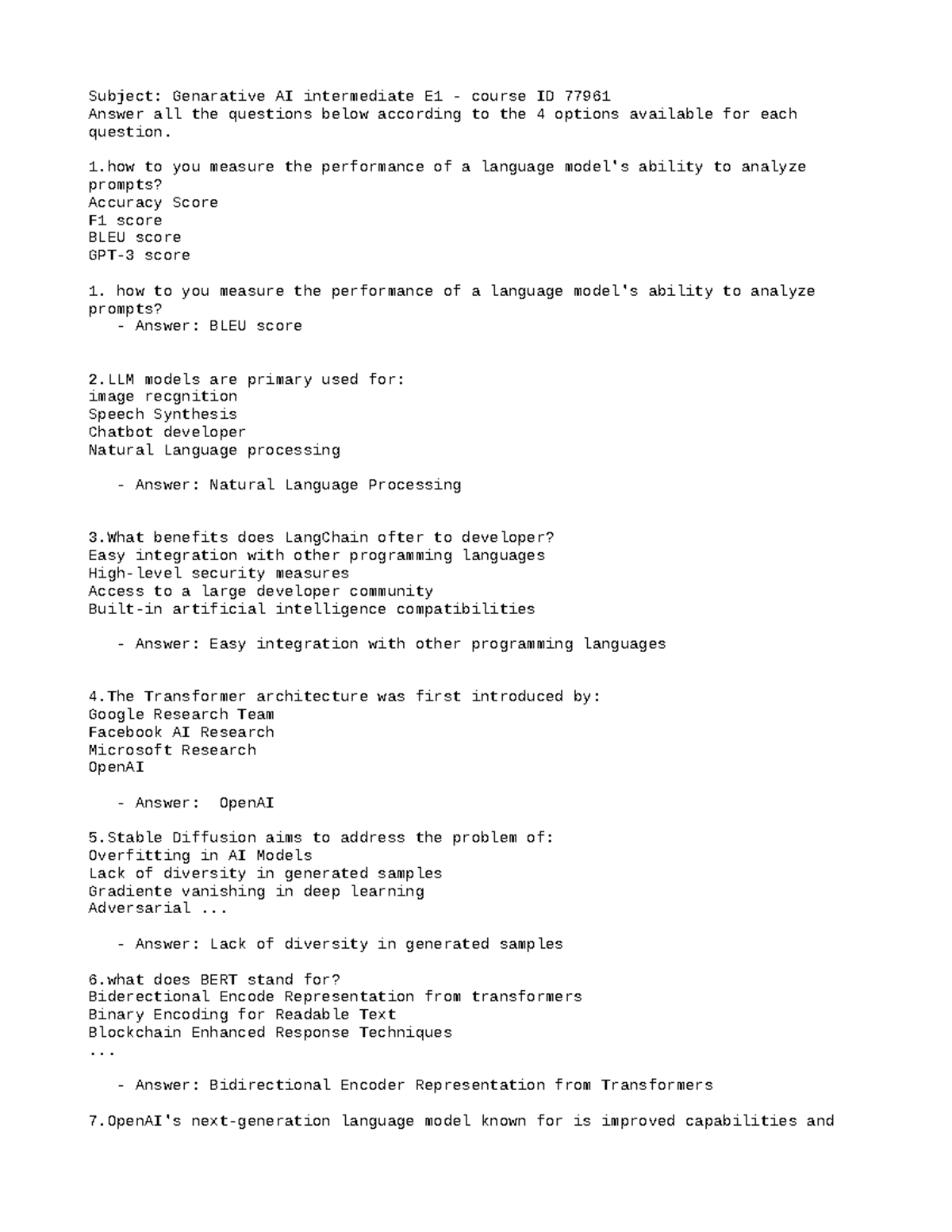 Generative AI Intermediate E1 Course ID 77961: Exam Questions & Answers ...