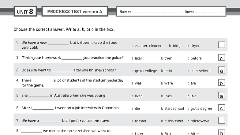 PB Am E A2 Unit 8 Progress Test Version A - Studocu