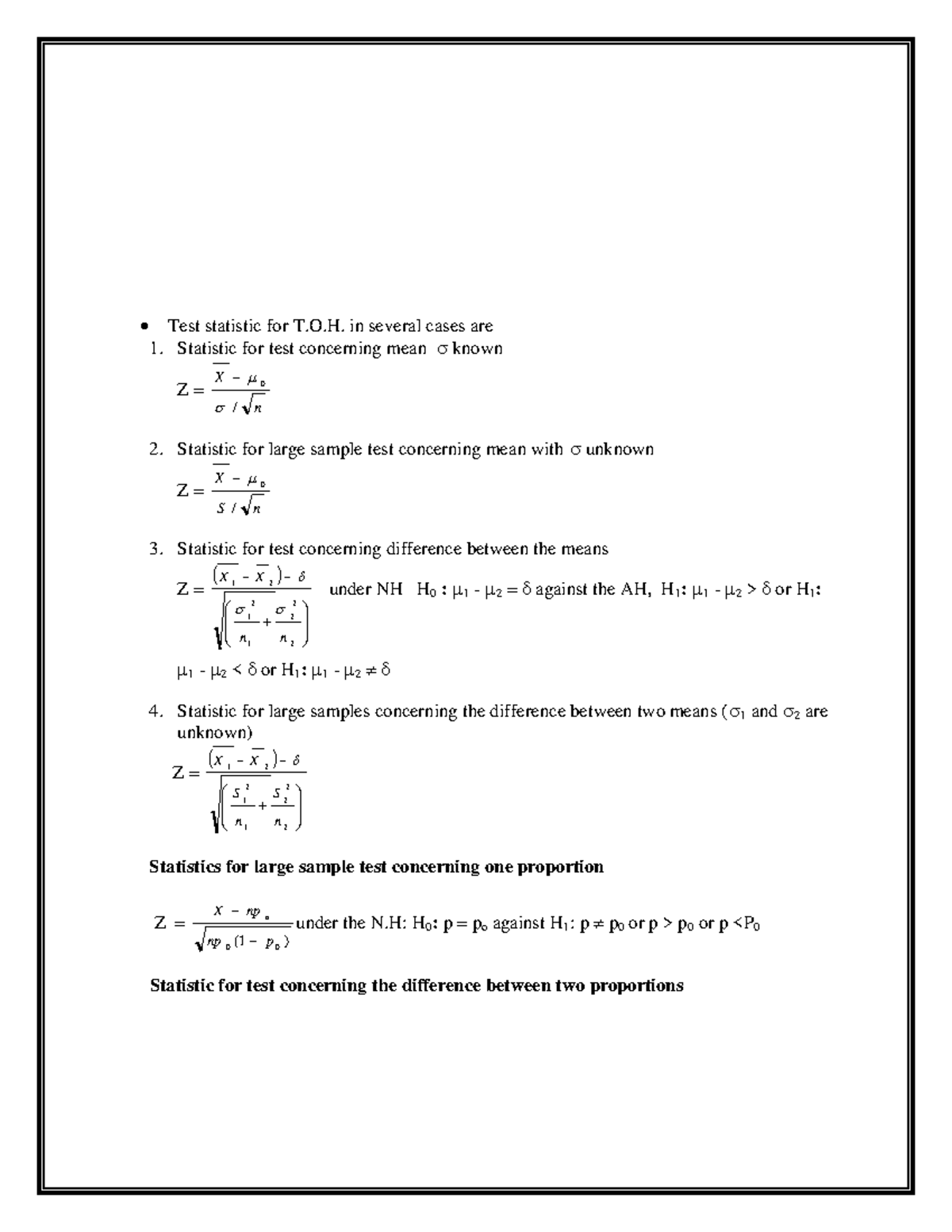Unit 4 - NOTES - Test statistic for T.O. in several cases are 1 ...