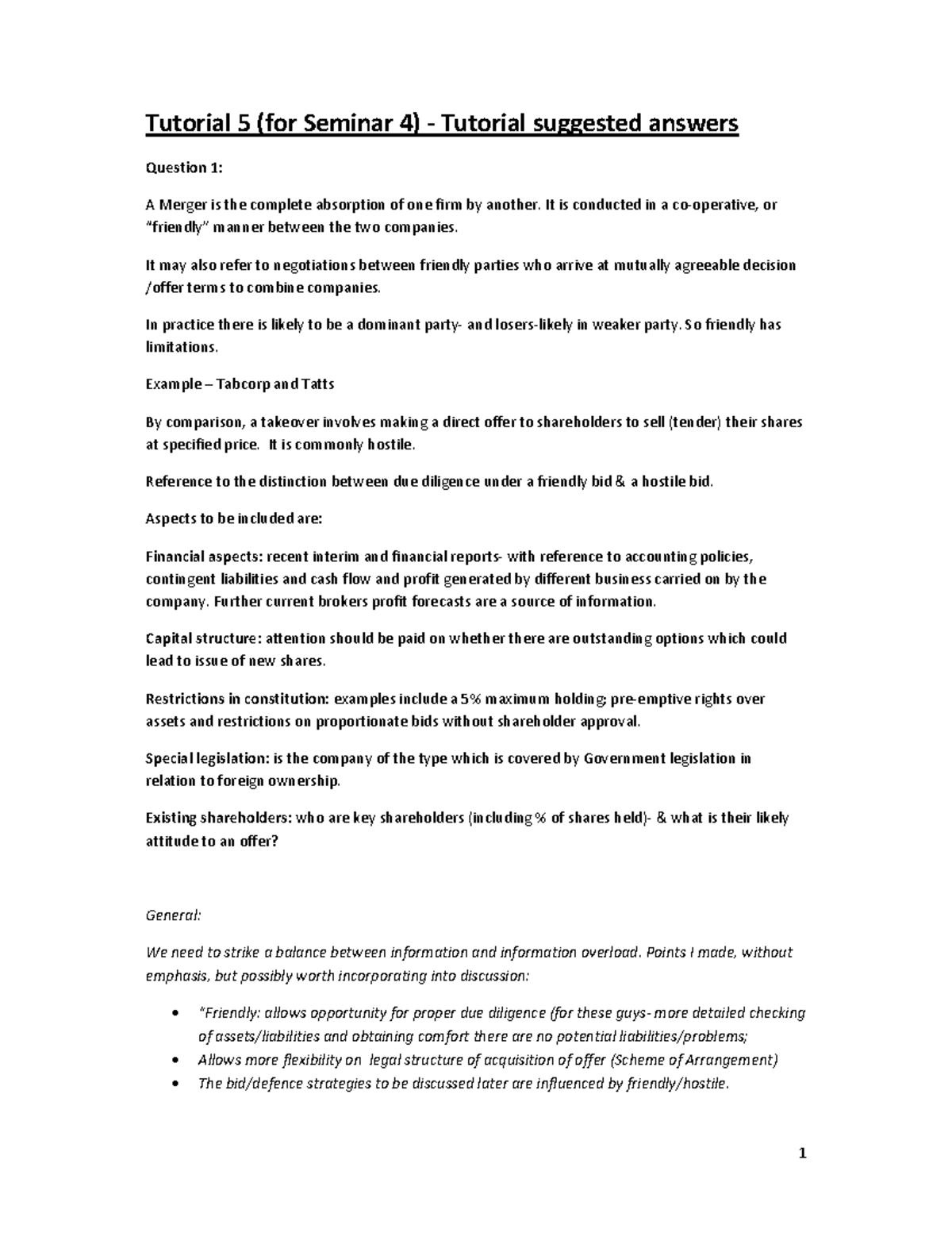 BFF3351 Tutorial 5: Suggested Answers on Mergers and Acquisitions - Studocu