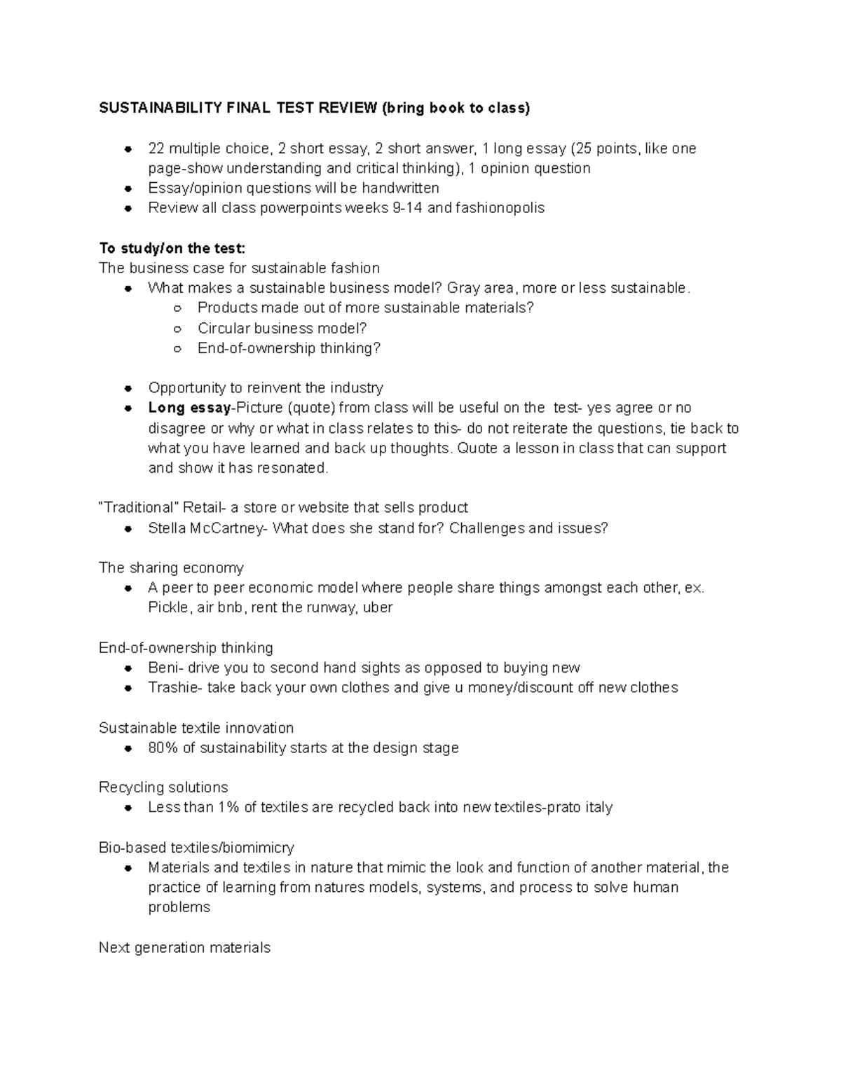 Sustainability Final Test Review (Course Code: TBD) - Key Concepts and ...