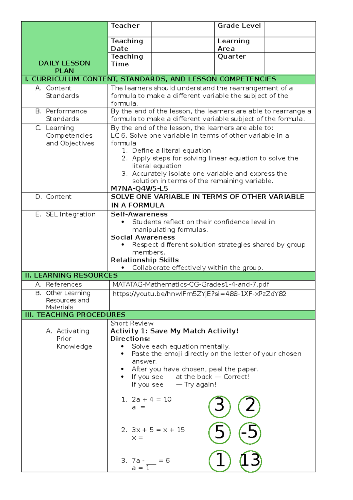 Literal Equations: Teaching Strategies and Lesson Plan - LECTURES - Studocu