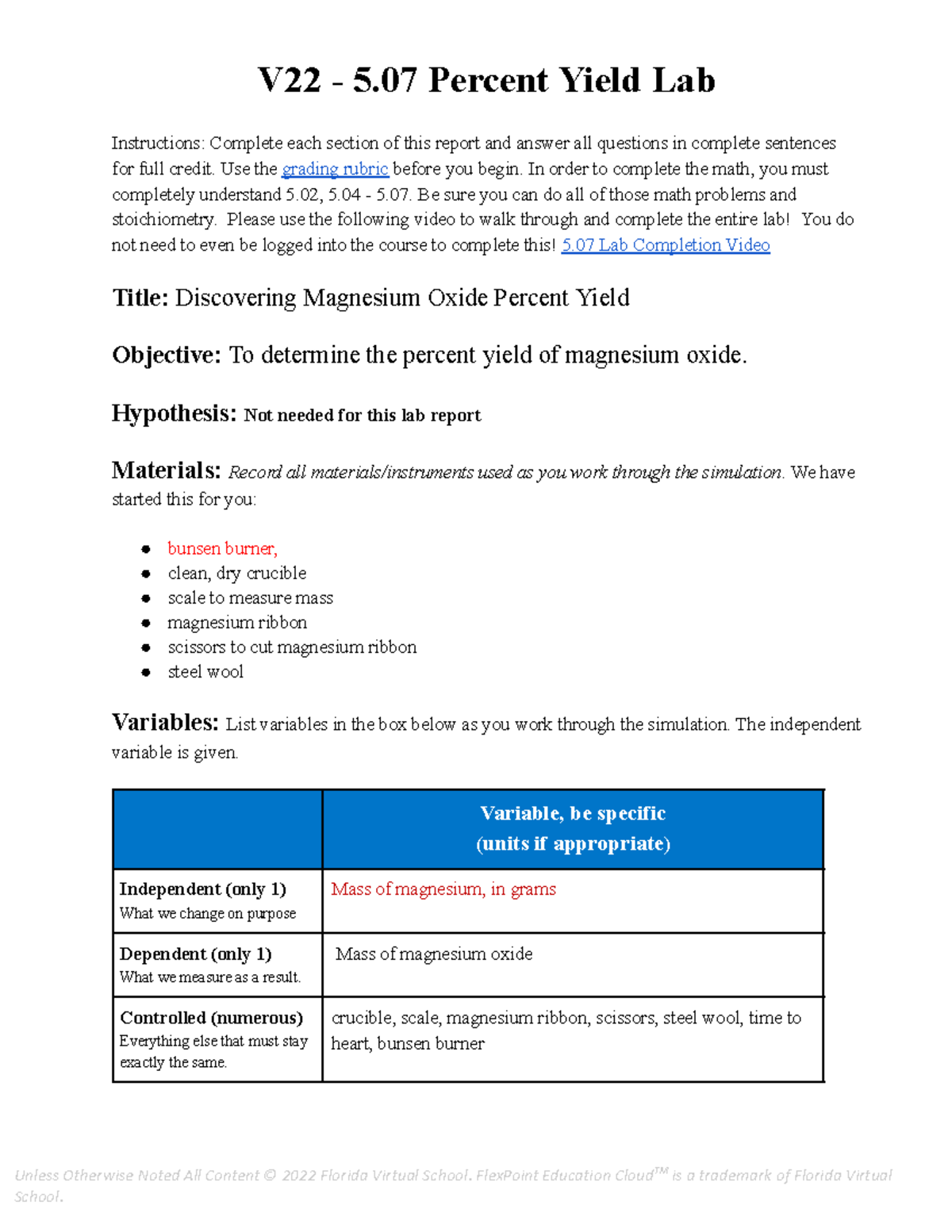 5.07 Percent Yield Lab Report: Determining MgO Yield in FLVS Chem 1 ...