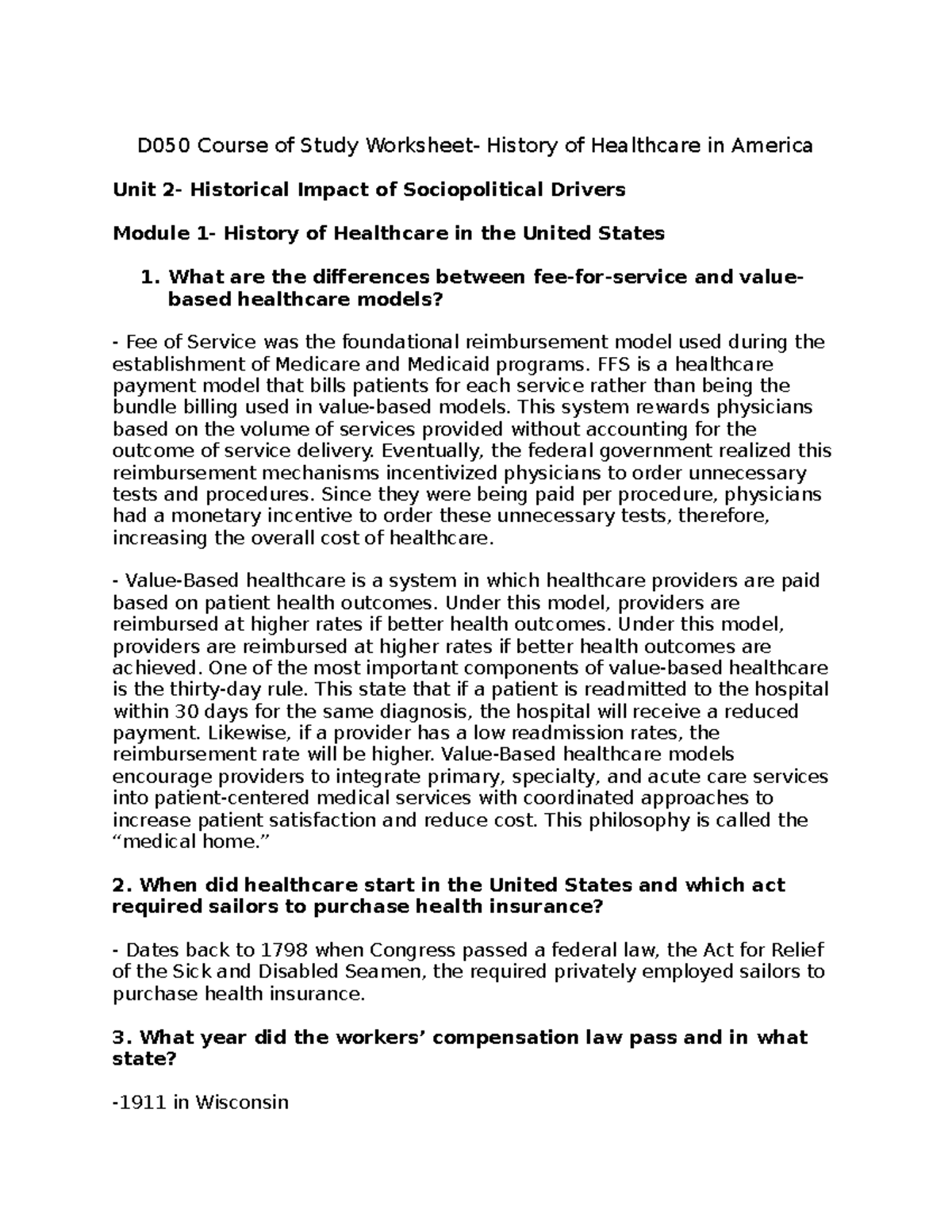 D050 Study Guide: History of Healthcare in America Overview - Studocu